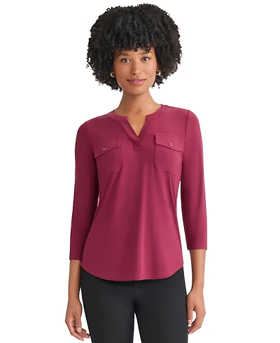 Jones New York Women's Solid 3/4-Sleeve Flap-Pocket Knit Top