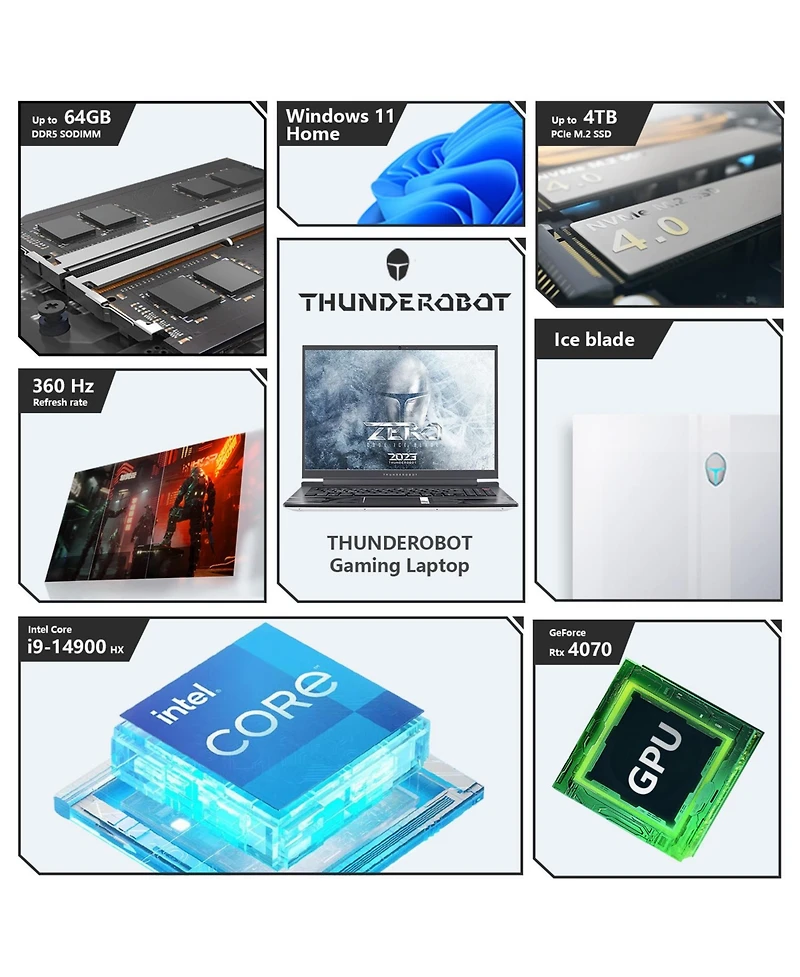 Thunderobot Zero 16 – 16" Wqxga 360Hz, i9-14900HX, Rtx 4070, 64GB Ram, 2TB Ssd, Rgb Kb, Wi-Fi 6, Windows 11 Home, White