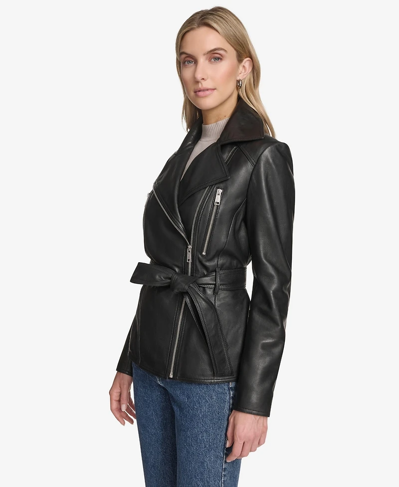 Andrew Marc Women's Violet Belted Moto Leather Jacket