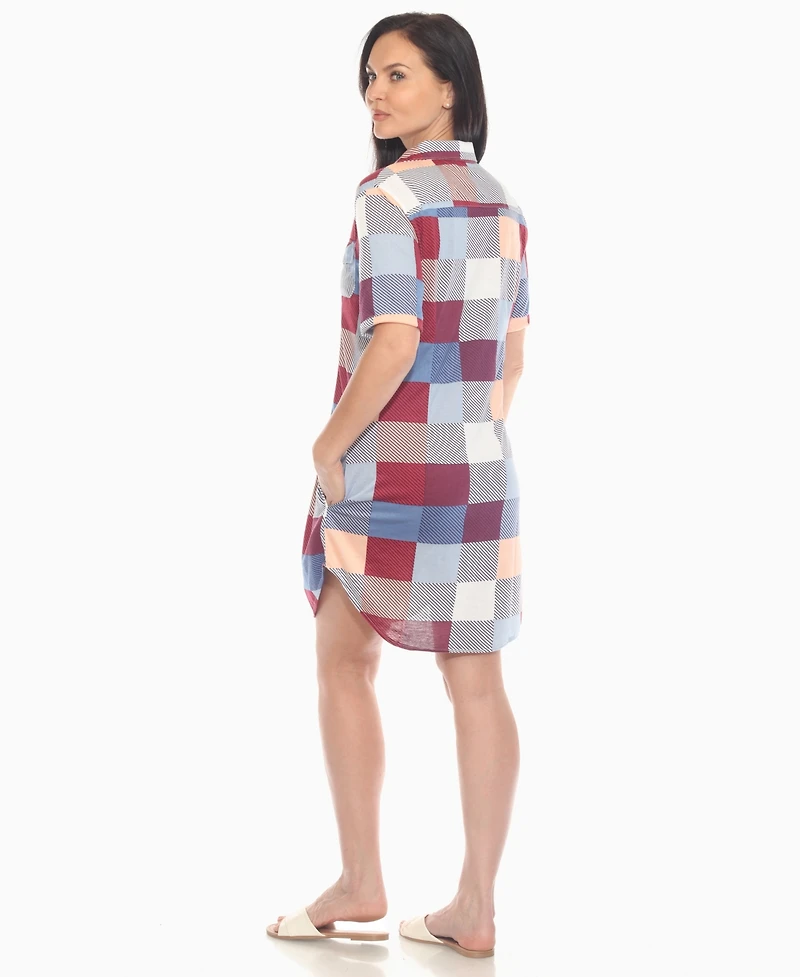 White Mark Women's Short Sleeve Plaid Button-Down Shirt Dress
