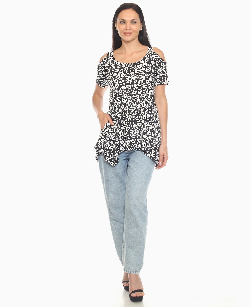 White Mark Women's Cold Shoulder Leopard Print Short Sleeve Top