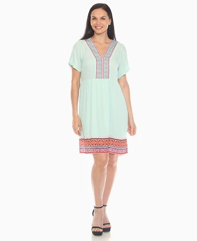 White Mark Women's Short Sleeve Embroidered V-Neck Shift Dress