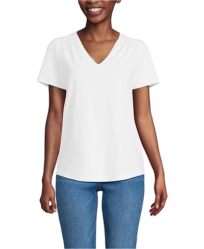 Lands' End Women's Petite Short Sleeve Lightweight Jersey Gathered Shoulder T-Shirt