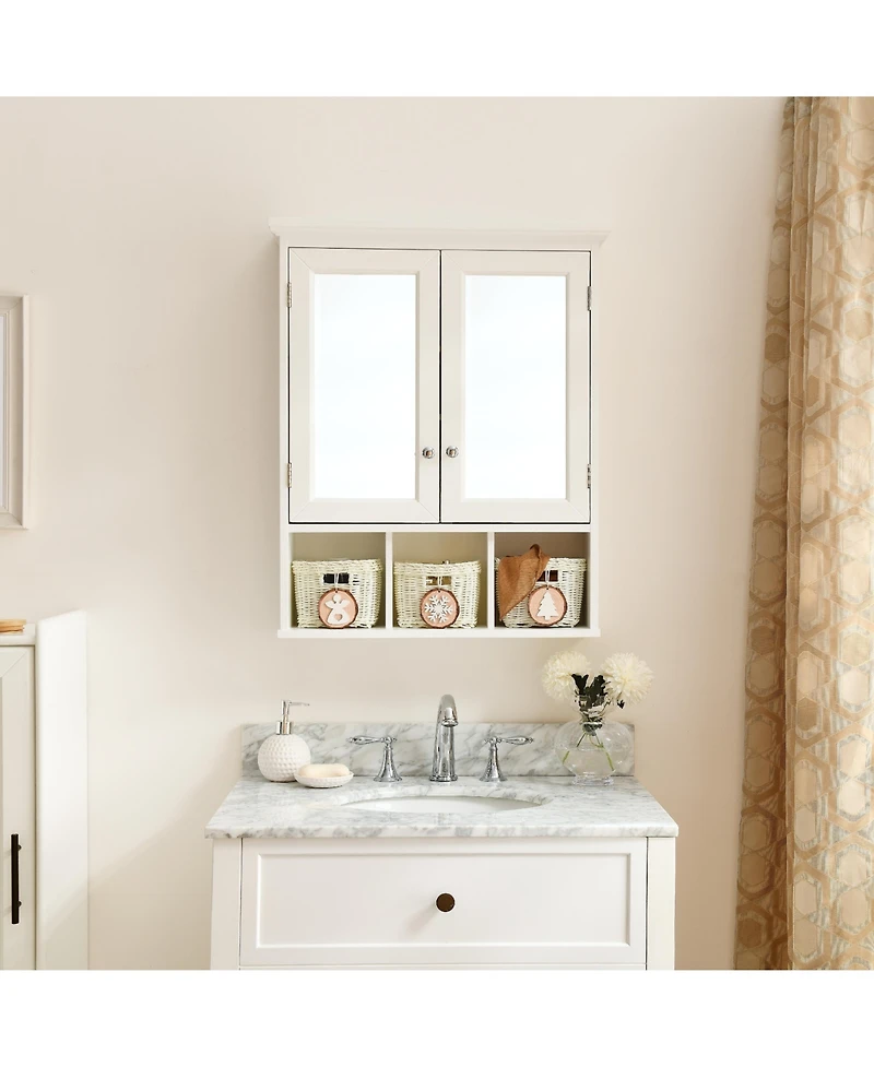 Casainc White Bathroom Mirror Cabinet with Double Doors and Christmas Style Storage Baskets