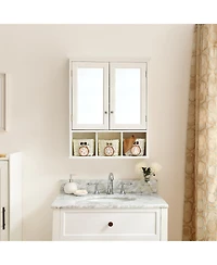 Casainc White Bathroom Mirror Cabinet with Double Doors and Christmas Style Storage Baskets