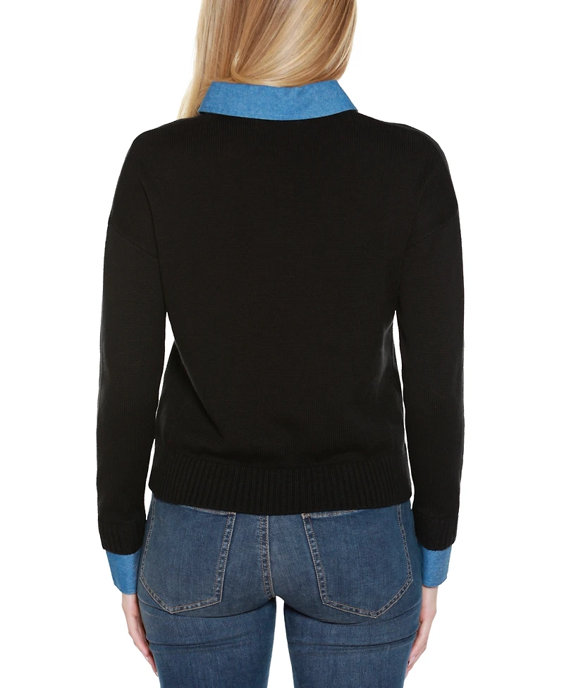 Belldini Women's Denim-Trim Twofer Sweater