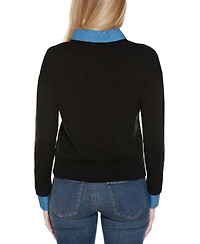 Belldini Women's Denim-Trim Twofer Sweater