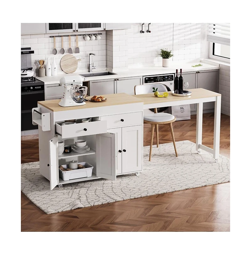 Maison Boucle 74.5" Kitchen Island with Pull-Out Dining Table, Rolling Storage Cart with 2 Drawers, Cabinets & Spice Rack-Maison Boucle