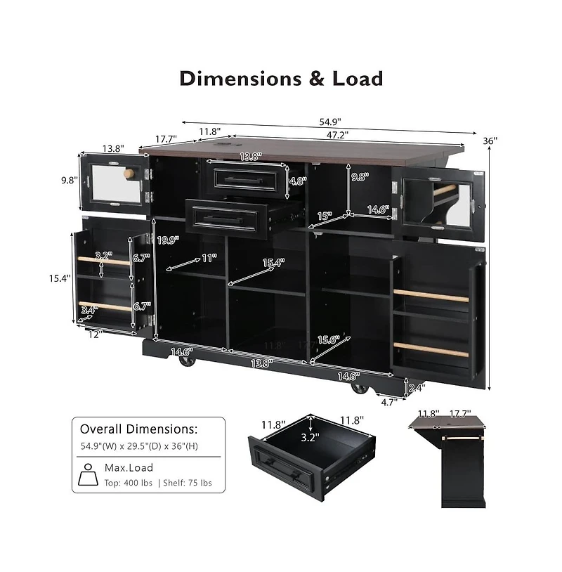 Maison Boucle 54.9" Rolling Kitchen Island with Drop Leaf & Power Outlet, Farmhouse Storage Cart Adjustable Shelves-Maison