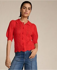 Lands' End Women's Lace Pointelle Puff Sleeve Cardigan Sweater