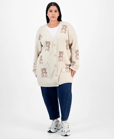 Hippie Rose Trendy Plus Star-Print Open-Front Long Cardigan