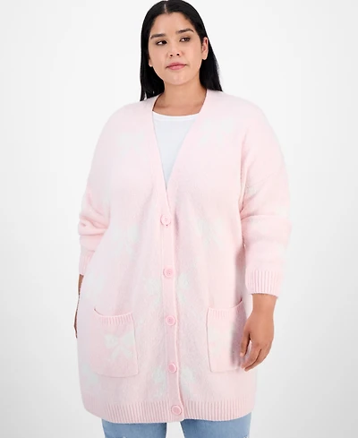 Hippie Rose Trendy Plus Star-Print Open-Front Long Cardigan