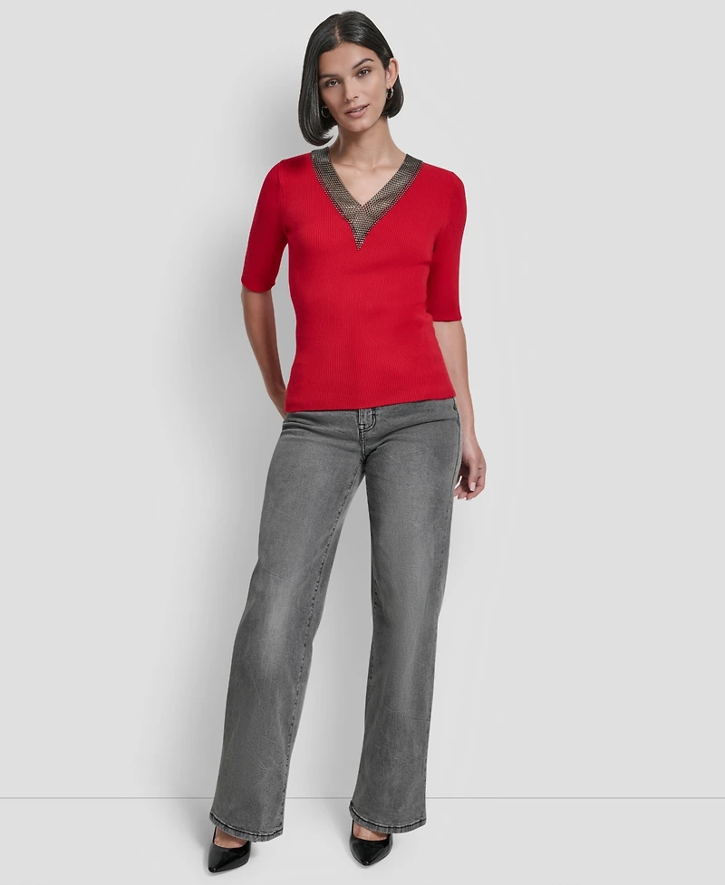 Dkny Women's Embellished-Neck Half-Sleeve Ribbed Sweater