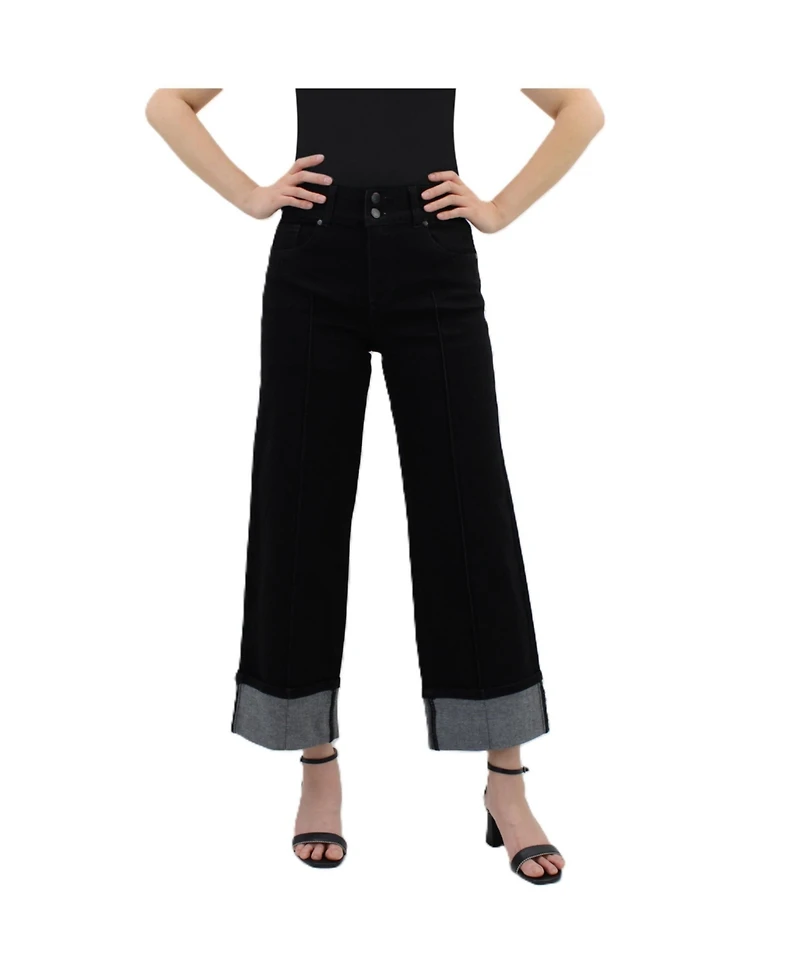 Indigo Poppy Black High-Rise Wide-Leg Cropped Cuff Tummy Tuck Jeans
