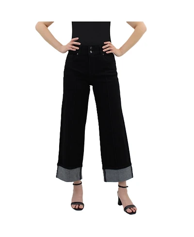 Indigo Poppy Black High-Rise Wide-Leg Cropped Cuff Tummy Tuck Jeans
