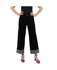 Indigo Poppy Black High-Rise Wide-Leg Cropped Cuff Tummy Tuck Jeans