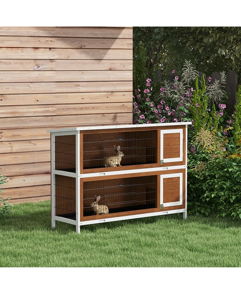 PawHut Wooden Bunny Cage w/ Dividers and Pull Out Trays for Outdoors,