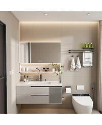 Casainc 35" 28 Inch Aluminum Mirror Cabinet with 3-Color Led and Defogging Feature - Khaki