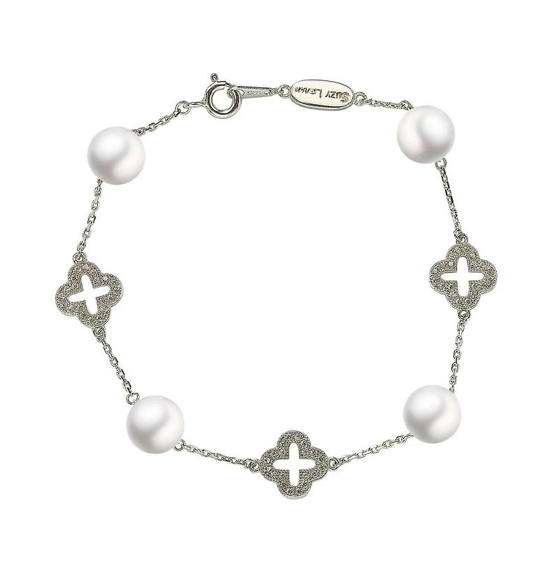 Suzy Levian New York Suzy Levian Sterling Silver Clover White Sapphire and Cultured Pearl Bracelet
