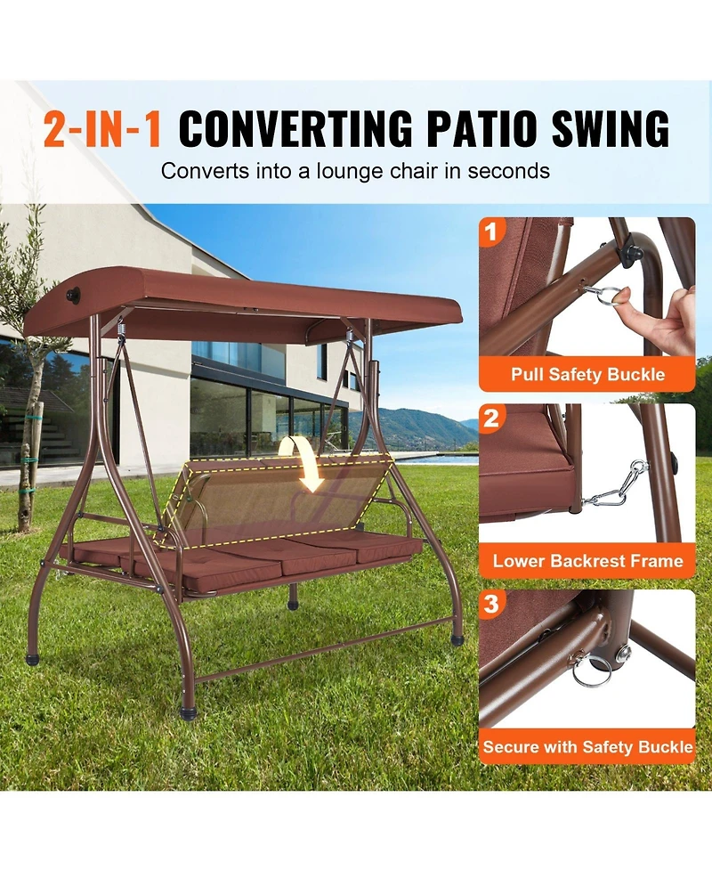 Flynama 3-Seat Patio Swing Chair, Converting Canopy Swing, Outdoor Patio Porch with Adjustable Canopy, Removable Thick Cushion and Alloy Steel Frame,