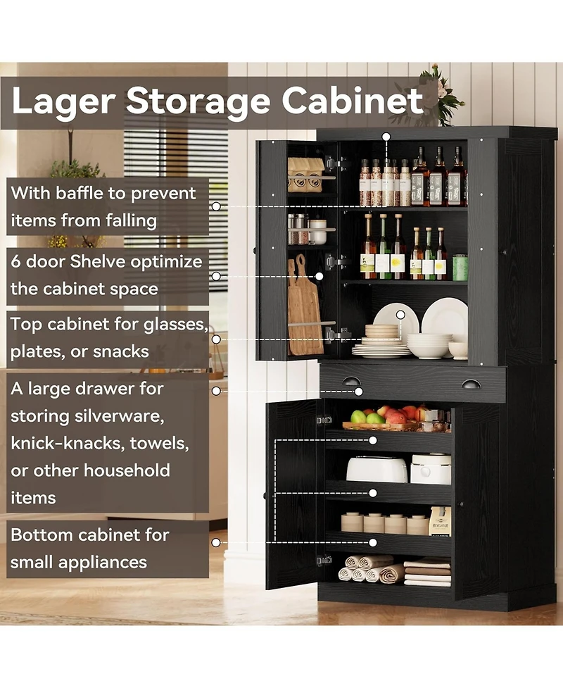 Ironck Kitchen Pantry with Drawer, Sliding Storage Rack, Black
