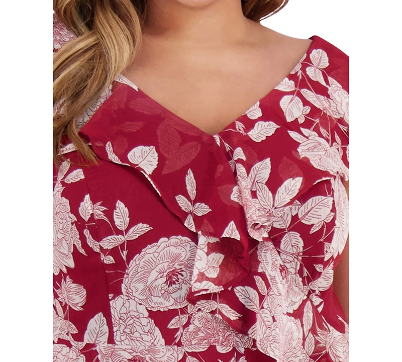 London Times Plus Ruffled Floral-Print Faux-Wrap Dress