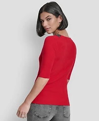 Dkny Women's Embellished-Neck Half-Sleeve Ribbed Sweater