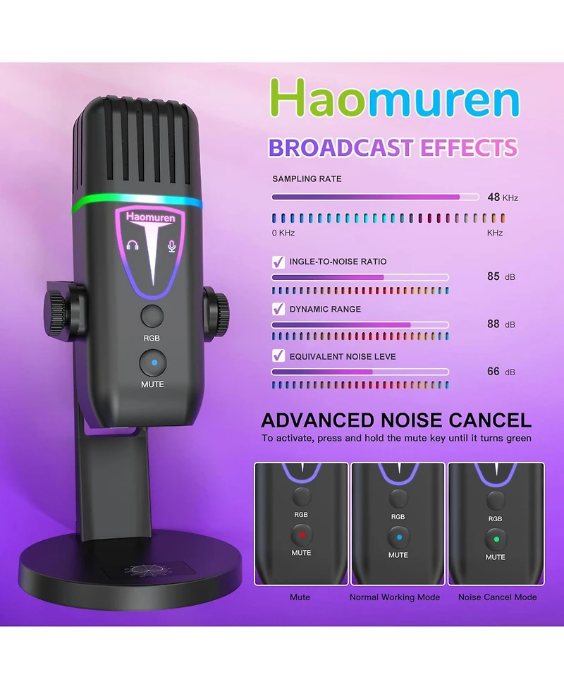 ZealSound Microphone for iPhone,Noise Cancel Usb Microphone for Pc Computer Type C Phone,Touch Mute Rgb Volume Echo Control Mic for Asmr Recording Str