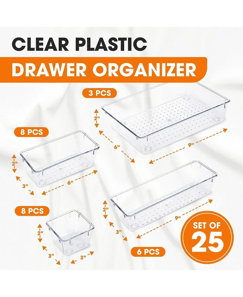Cheer Collection 25 Piece Clear Plastic Drawer Organizer Set