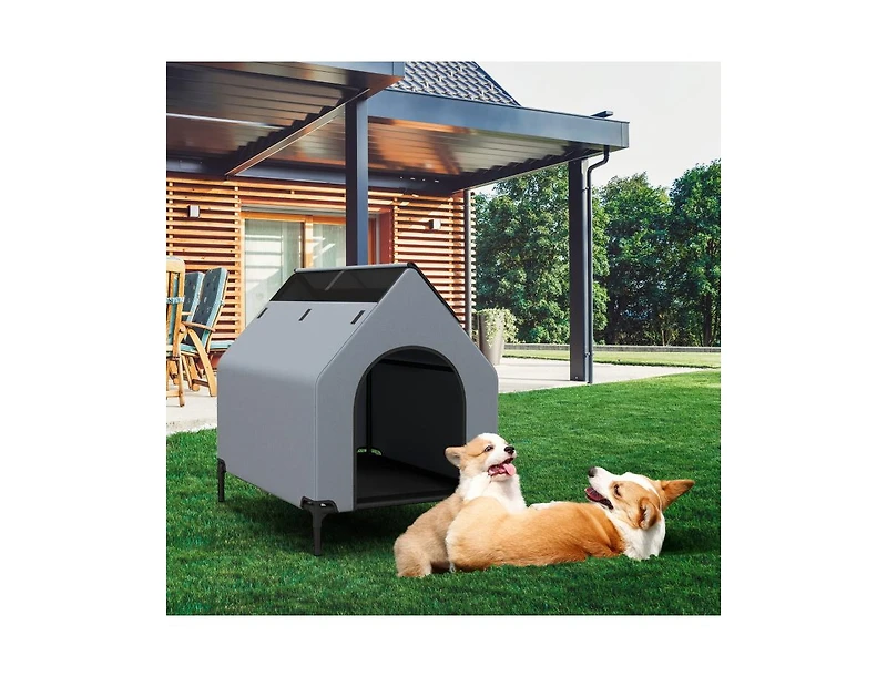 Akiudex Outdoor Elevated Dog House with Canopy and Mesh Windows