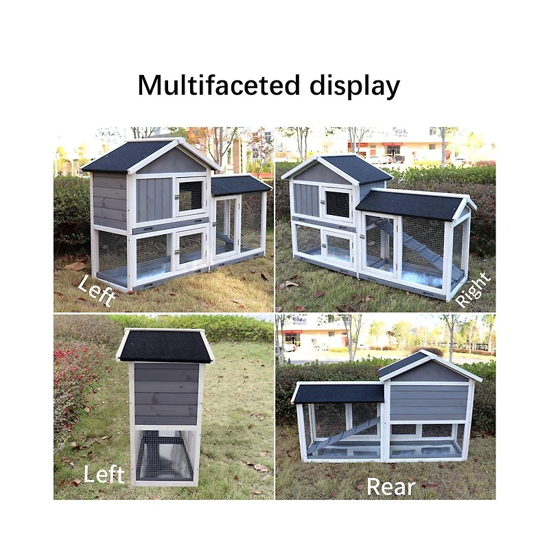 Aostirmotor Outdoor Gray Wood Pet House with Run and Deeper No Leak Tray Removable Bottom Wire Mesh for Small Animals
