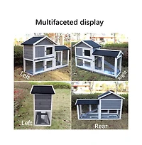 Aostirmotor Outdoor Gray Wood Pet House with Run and Deeper No Leak Tray Removable Bottom Wire Mesh for Small Animals