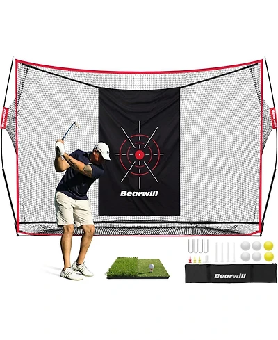 Bearwill 10x7ft Heavy Duty Golf Practice Net - Includes Mat, Target Cloth, 8 Tees, 6 Balls & Carry Bag, for Backyard, Indoor & Outdoor Training