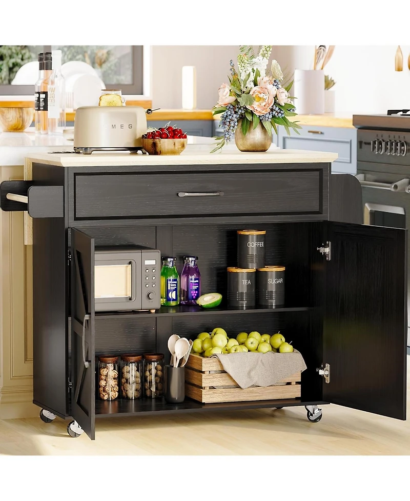 Ironck Kitchen Island Cart with Storage, Power Outlet and Drop Leaf, Black