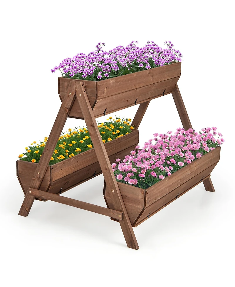 Gymax Vertical Raised Garden Bed Wood Tiered Plant Stand w/ 3 Planter Containers