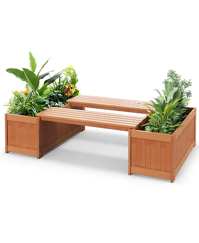 Gymax 2PCS Wood Outdoor Planter Box w/ Seat 2-in-1 Wooden Raised Garden Bed & Bench
