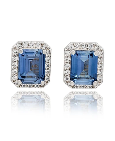 Suzy Levian Sterling Silver Emerald Cut Sapphire & Created White Halo Stud Earrings