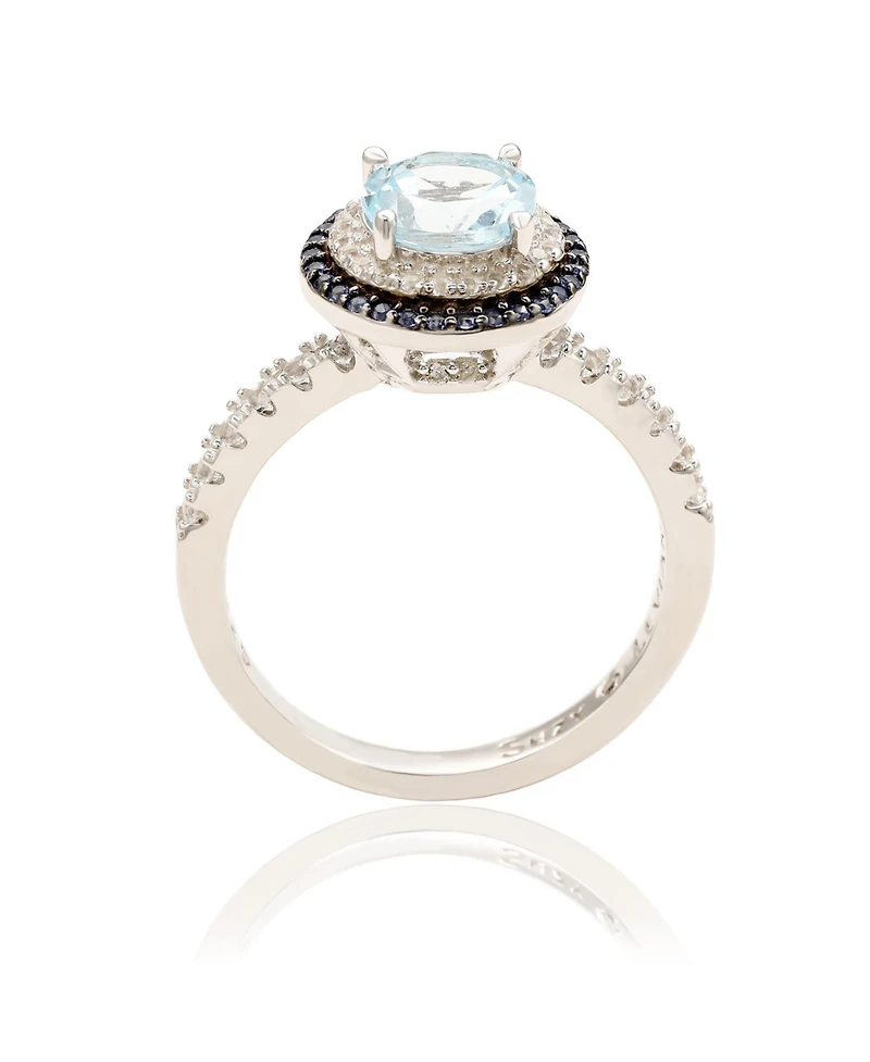 Suzy Levian Sterling Silver Round Cut Topaz and Sapphire Double Halo Ring