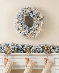 Glitzhome Pre-Lit Snow Flocked Greenery Pine Christmas Wreath Matched Garlands, Set of 3
