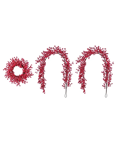 Glitzhome Christmas Red Berries Garland and Matched Wreaths, Set of 3