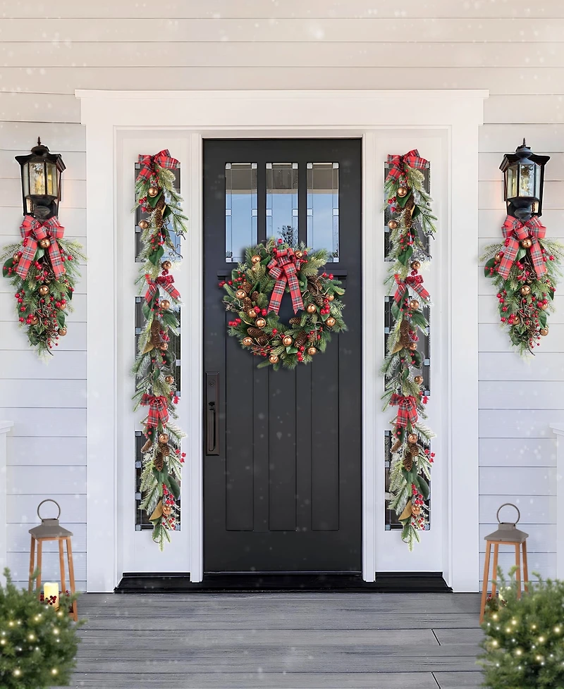 Glitzhome Christmas Bell, Pinecone and Berry Bow Wreath and Matched Garlands, Set of 3