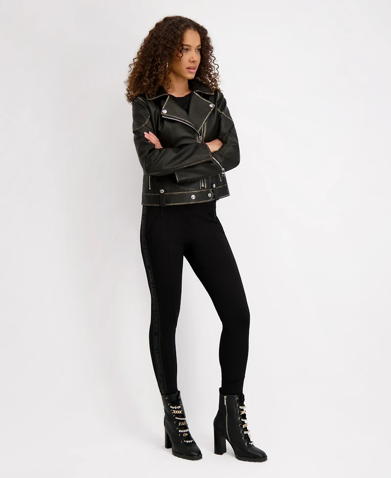 Karl Lagerfeld Paris Women's Asymmetric Faux Leather Belted Moto Coat, Created for Macys