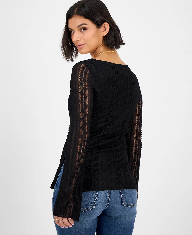 Ultra Flirt Juniors' Lace Boat-Neck Long-Sleeve Top