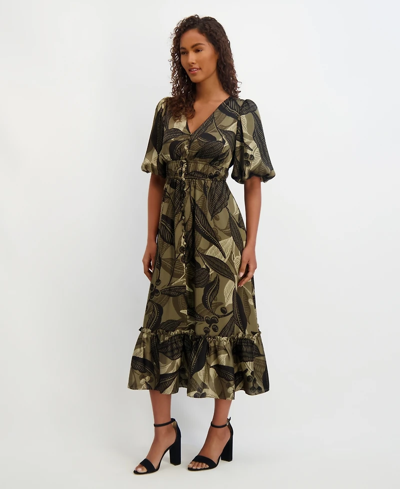 kensie Women's Floral-Print Puff-Sleeve Maxi Dress