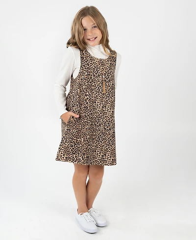 Rare Editions Big Girl 2-Piece Denim Animal Printed Dress over Ribbed T-Shirt with Necklace Set