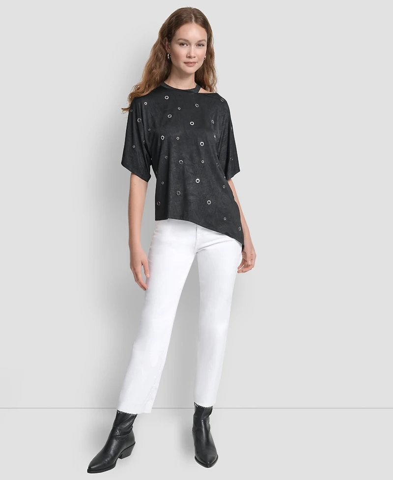 Dkny Women's Short Sleeve Grommet Detail Cutout Top