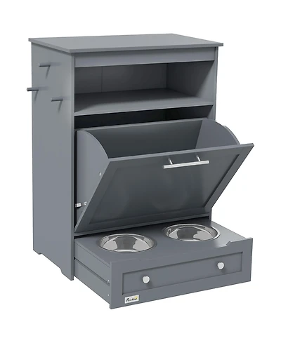 Aostirmotor Dog Feeder Cabinet with Raised Bowls and Hooks Grey