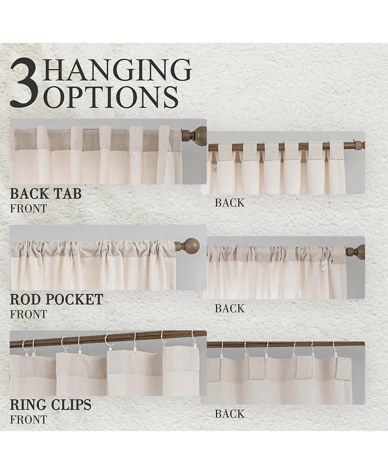Faux Linen Texture Light Filtering Back Tab Curtains, Semi Sheer Farmhouse Window Curtains (2 Panels), 52"x96"