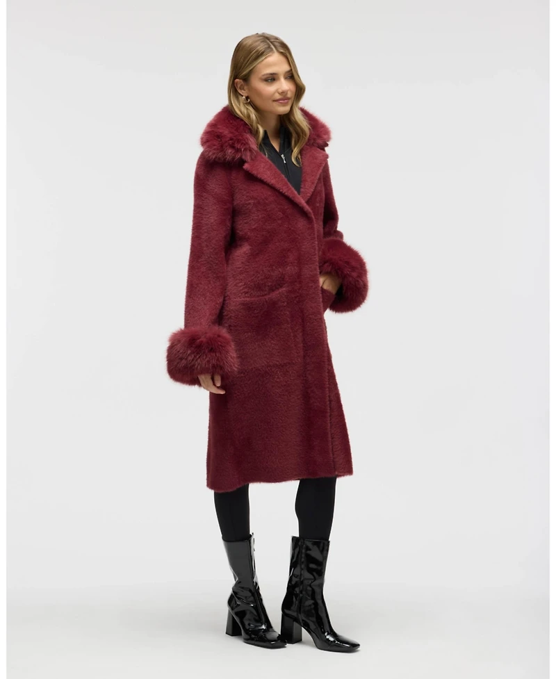 Nvlt Women's Longline Elegant Coatigan with Detachable Fur Collar and Cuffs