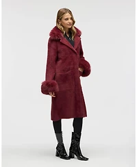 Nvlt Women's Longline Elegant Coatigan with Detachable Fur Collar and Cuffs